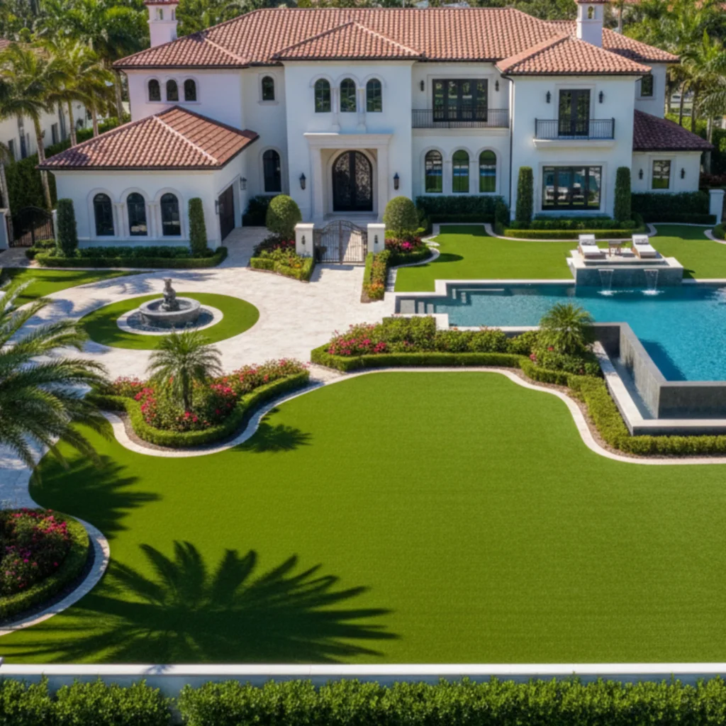 Landscaping artificial turf installation with pool